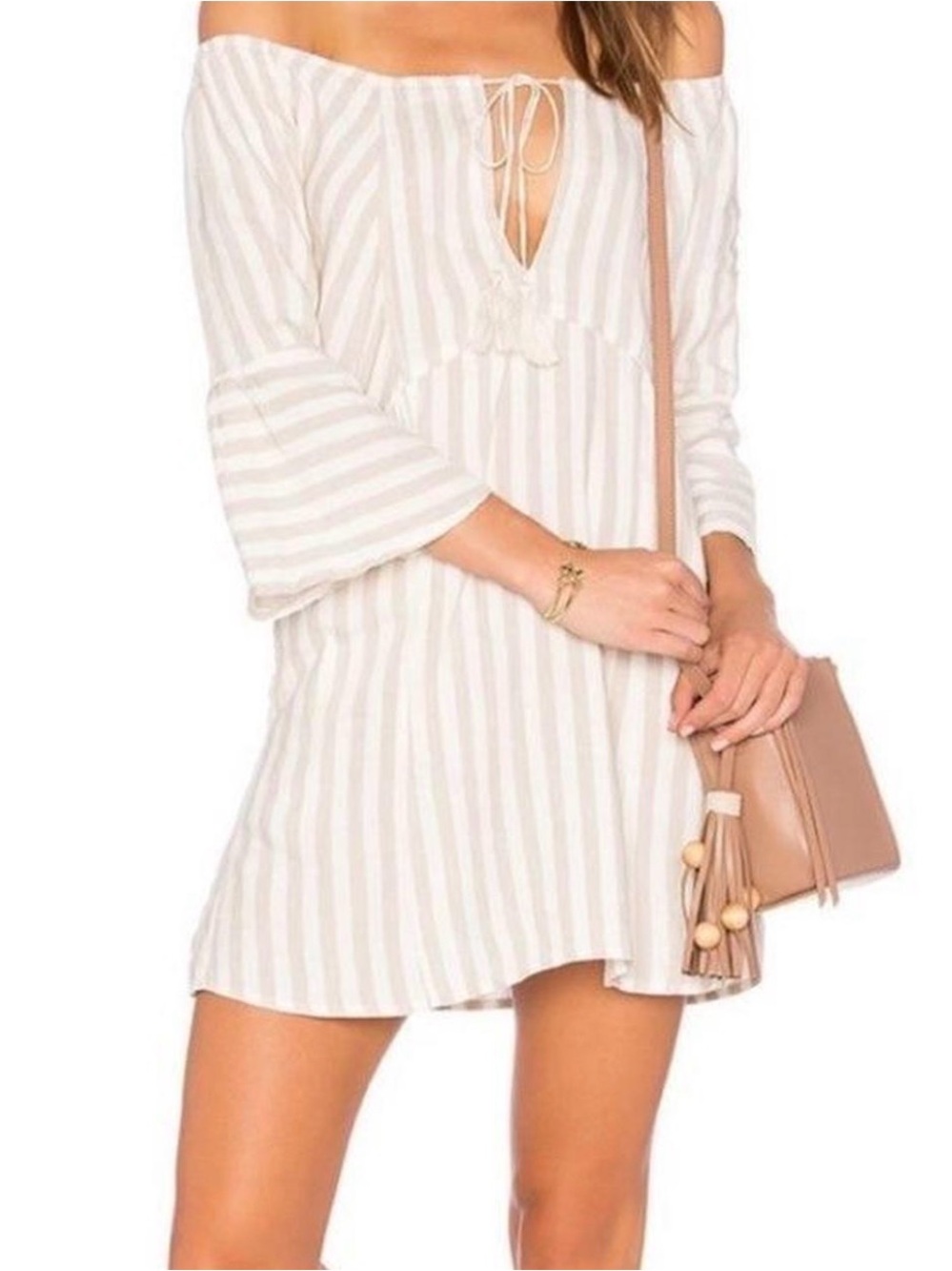 Free People Off-Shoulder Striped Mini Dress in White and Tan (B7)